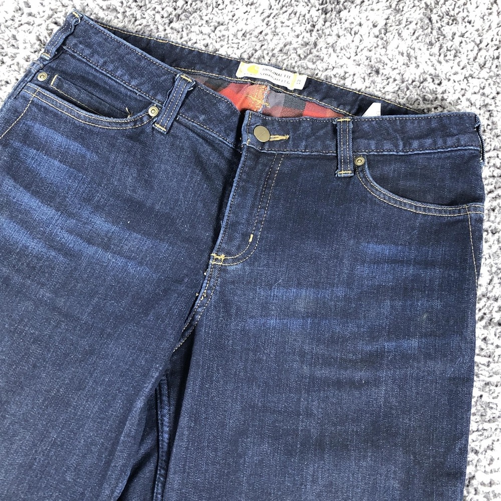 Carhartt Jeans Womens 12 Short Blue Dark Wash Straight Leg Denim Lined Insulated